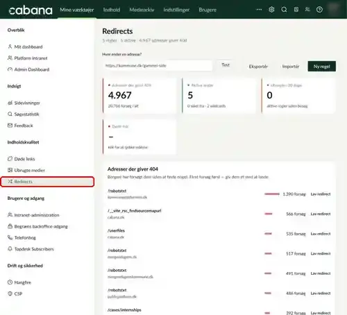 Menuen Mine værktøjer, hvor Redirects er markeret