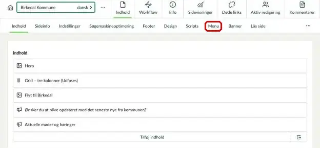 Fanen Menu på forsiden markeret
