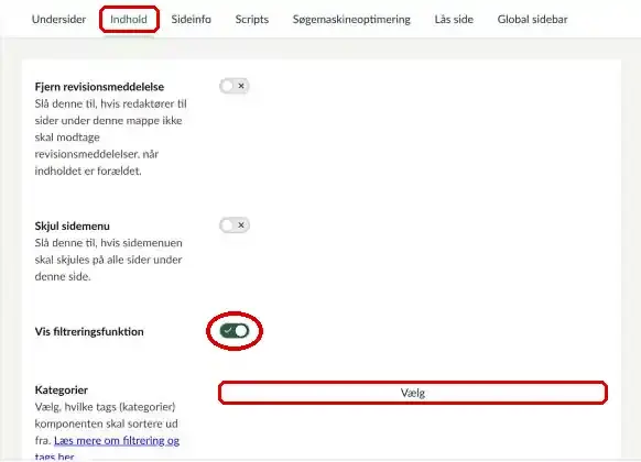 Fanen Indhold, Vis filtreringsfunktion og Kategorier markeret