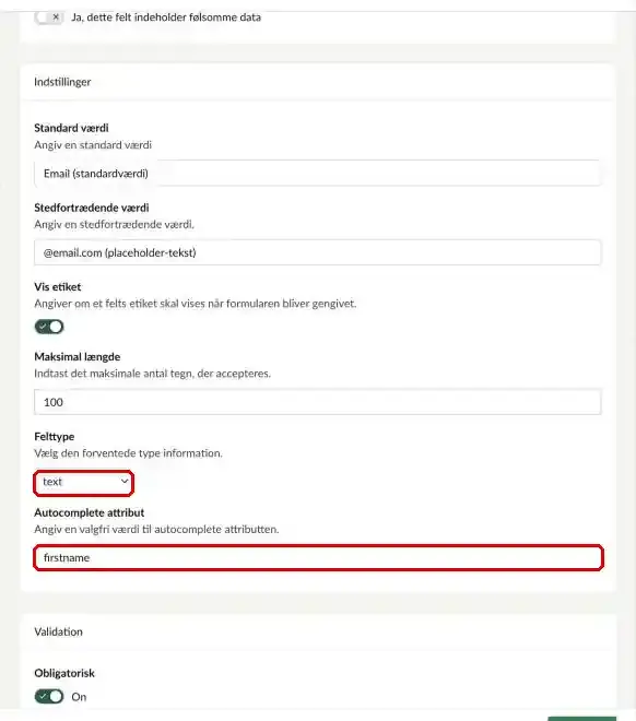 Felterne Felttype og Autocomplete attribut markeret