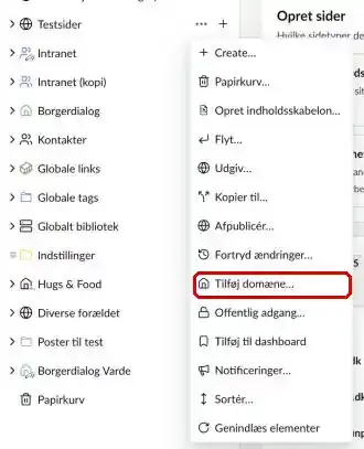 Menuen for et subsite i indholdstræet, hvor Tilføj domæne er markeret
