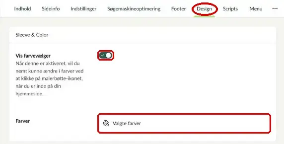 Fanen Design på forsiden med sektionen Sleeve & Color, hvor Vis farvevælger og Farver er markeret
