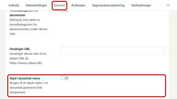 Fanen Sideinfo, hvor Skjul i dynamisk menu er markeret