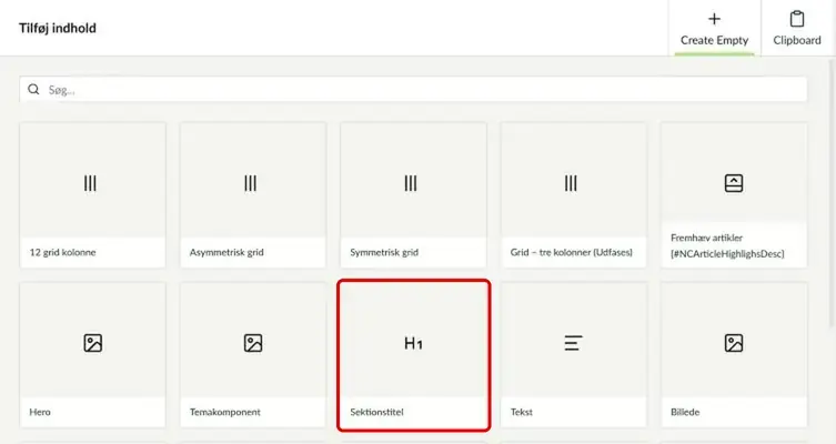 Oversigten over komponenter på en sektionsside med Sektionstitel markeret