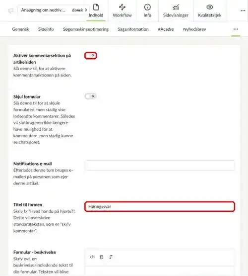 Fanen Kommentarer med Aktivér kommentarsektion og Titel til formen markeret