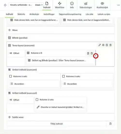 Plusset til at tilføje en kolonne i et layout markeret