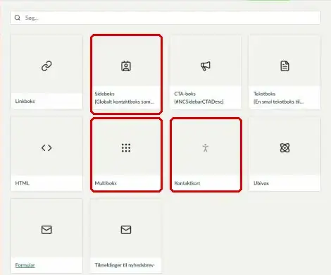 Sideboks, Multiboks og Kontaktkort markeret i oversigten over komponenter