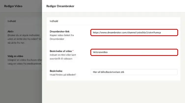 Felterne Dreambroker-link, Beskrivelse af video og Beskrivelse