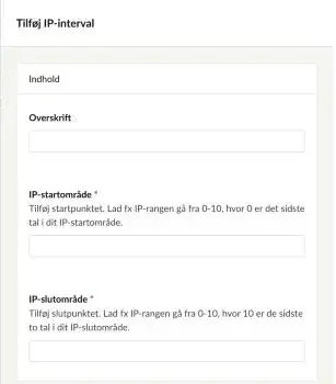 Dialogen Tilføj IP-interval med felterne Overskrift, IP-startområde og IP-slutområde