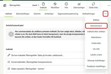 Fanerne på en artikelside med fanen Kommentarer markeret