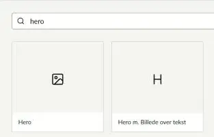 Dialogen Tilføj indhold filtreret på hero, hvor komponenterne Hero og Hero m. Billede over tekst vises