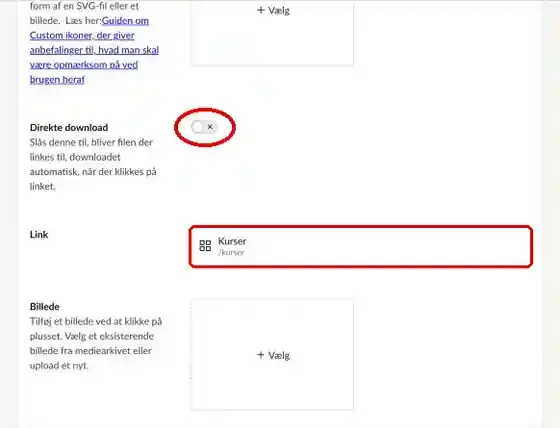 Direkte download og Link markeret