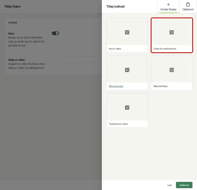 Oversigten over videotyper med Video fra mediearkivet markeret