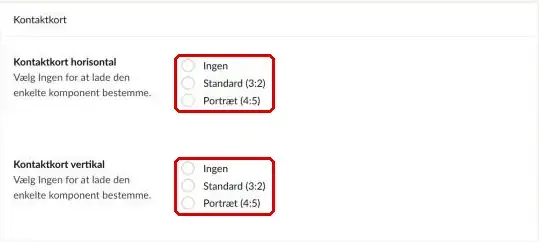 Sektionen Kontaktkort med valgene Ingen, Standard (3:2) og Portræt (4:5) for horisontale og vertikale kontaktkort markeret