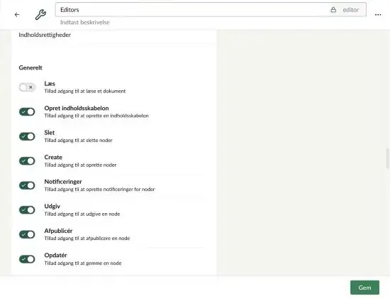 Afsnittet Indholdsrettigheder med toggles for Læs, Opret indholdsskabelon, Slet, Create, Notificeringer, Udgiv, Afpublicér og Opdatér