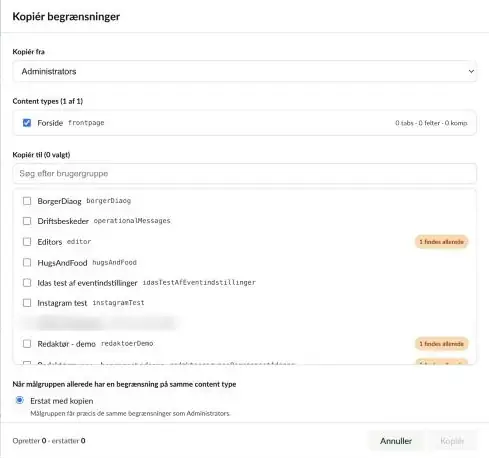 Dialogen Kopiér begrænsninger med Kopiér fra, Content types og en liste over brugergrupper, der kan kopieres til