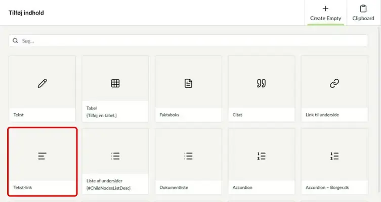 Oversigten over komponenter med Tekst-link markeret