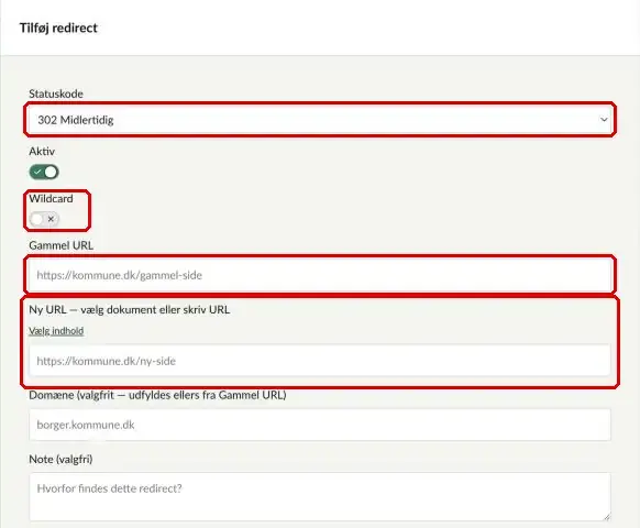 Dialogen Tilføj redirect, hvor Statuskode, Wildcard, Gammel URL og Ny URL er markeret
