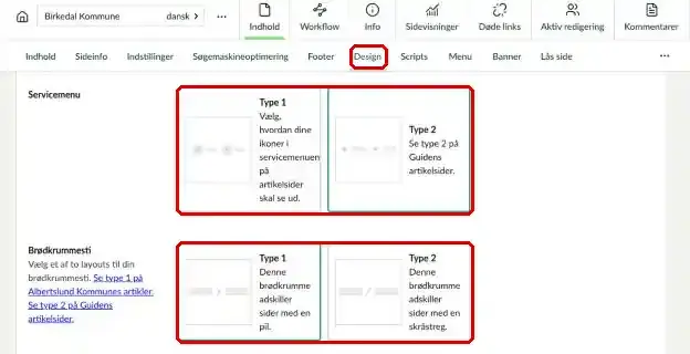Fanen Design med valgene for Servicemenu og Brødkrummesti markeret