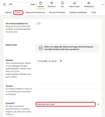 Fanen Sideinfo på fejlsiden med feltet Overskrift markeret