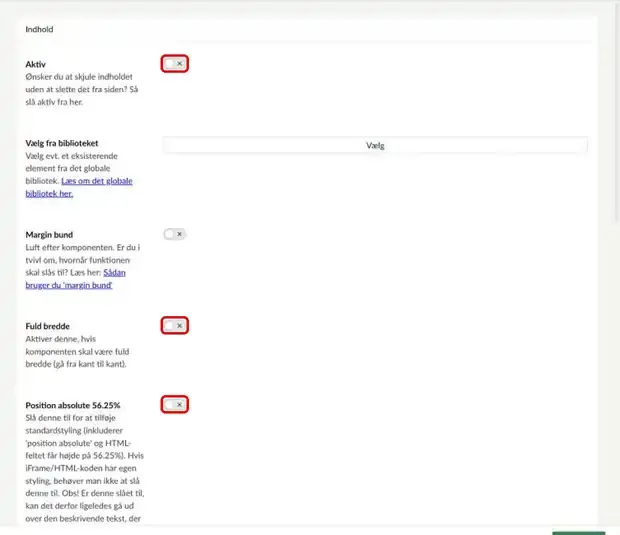 HTML-komponentens indstillinger Aktiv, Fuld bredde og Position absolute markeret