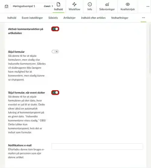 Fanen Kommentarer med Aktivér og Skjul formular når event slutter markeret