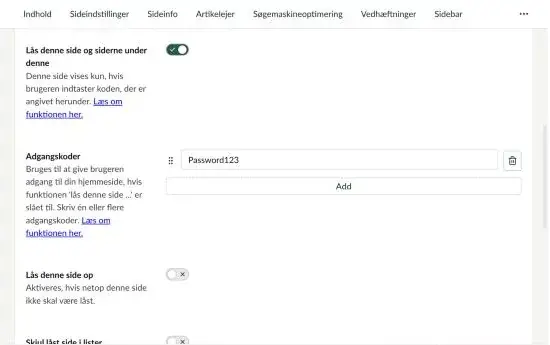 Feltet Adgangskoder med kodeordet Password123 og knappen Add samt knappen Lås denne side op