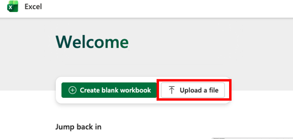 Excel online, hvor Upload a file er markeret