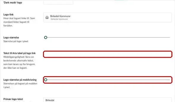 Felterne Tekst til Aria label på logo link og Logo-størrelse på mobilvisning markeret
