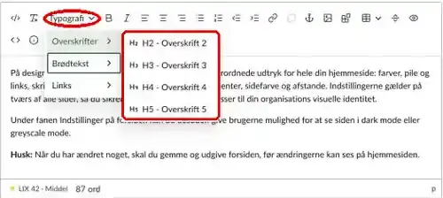 Teksteditoren med menuen Typografi åben og undermenuen Overskrifter med H2 til H5 markeret