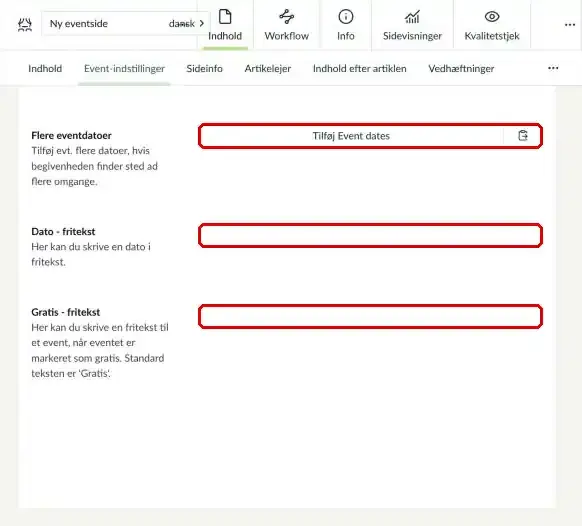 Felterne Flere eventdatoer, Dato – fritekst og Gratis – fritekst