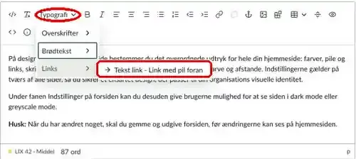 Teksteditoren med menuen Typografi åben og undermenuen Links med Tekst link - Link med pil foran markeret
