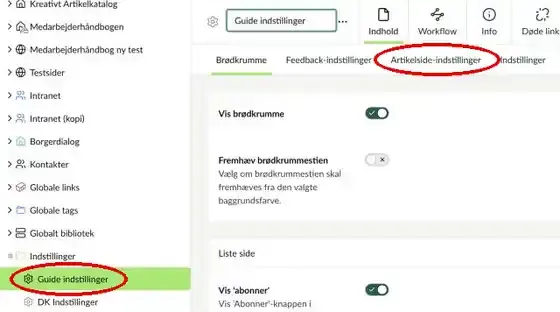 De globale indstillinger i træstrukturen og fanen Artikelside-indstillinger