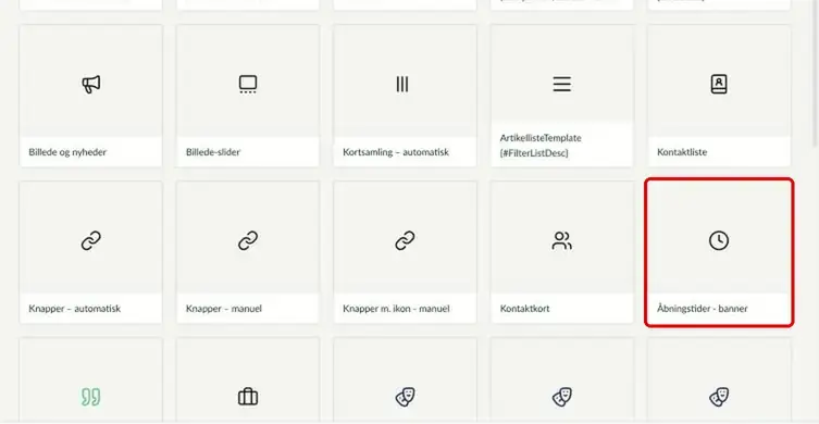 Oversigten over komponenter på en sektionsside med Åbningstider - banner markeret