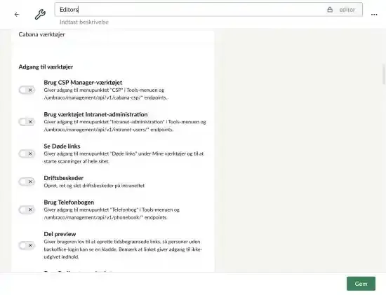 Afsnittet Cabana værktøjer med Adgang til værktøjer og toggles for blandt andet CSP Manager, Intranet-administration, Se Døde links, Driftsbeskeder og Del preview