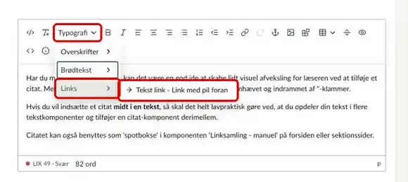 Menuen Typografi åbnet med Links og Tekst link - Link med pil foran markeret