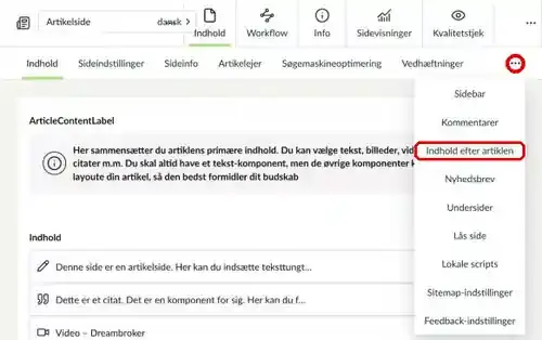 Menuen ved de tre prikker til fanerne åben med Indhold efter artiklen markeret