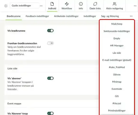 Fanerne i en indstillingsfil, hvor de skjulte faner er foldet ud