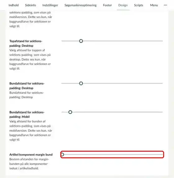 Sektionen Afstand på fanen Design, hvor skyderen Artikel komponent margin bund er markeret