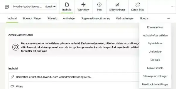 De ekstra faner under de tre prikker: Kommentarer, Indhold efter artiklen, Nyhedsbrev, Undersider, Lås side, Lokale scripts, Sitemap-indstillinger og Feedback-indstillinger