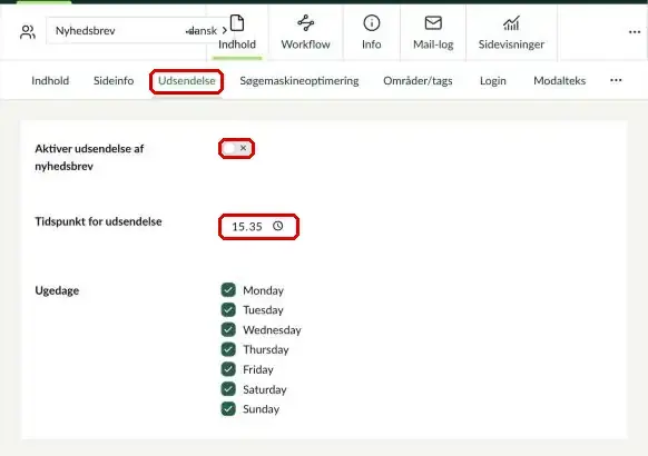 Fanen Udsendelse med aktivering og tidspunkt markeret