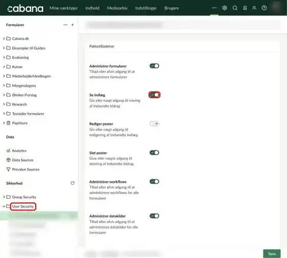 User Security under Sikkerhed og toggle for Se indlæg markeret