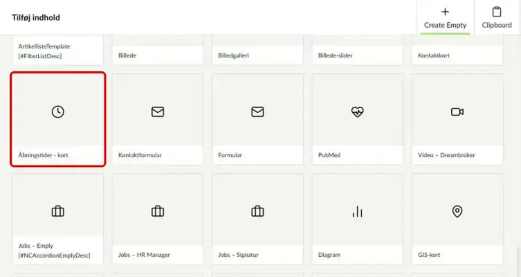 Oversigten over komponenter på en artikelside med Åbningstider - kort markeret