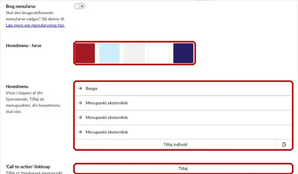 Hovedmenu – farve, listen med menupunkter og Call-to-action-linkknap markeret