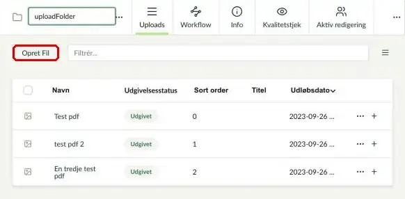 Mappen UploadFolder med knappen Opret Fil markeret