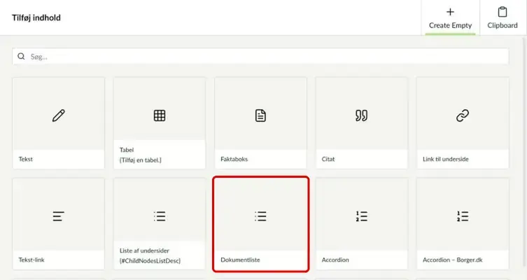 Oversigten over komponenter med Dokumentliste markeret