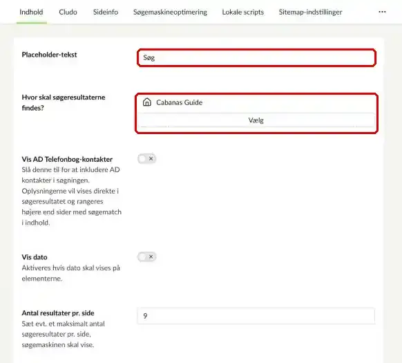 Fanen Indhold på en søgeside, hvor felterne Placeholder-tekst og Hvor skal søgeresultaterne findes? er markeret