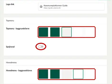 Topmenu – baggrundsfarve, Spejlvend og Hovedmenu – baggrundsfarve markeret