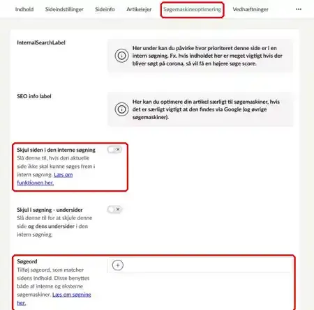 Fanen Søgemaskineoptimering, hvor Skjul siden i den interne søgning og Skjul i søgning - undersider er markeret