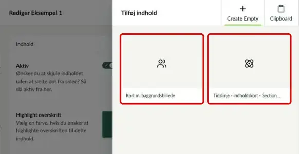 Valget mellem Kort m. baggrundsbillede og Tidslinje - indholdskort markeret